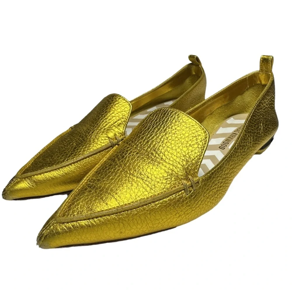 NICHOLAS KIRKWOOD | Beya Gold Leather Pointed Toe Flat Loafer Shoe Lux